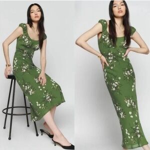 Reformation Demi Green Floral Square-Neck Midi Dress